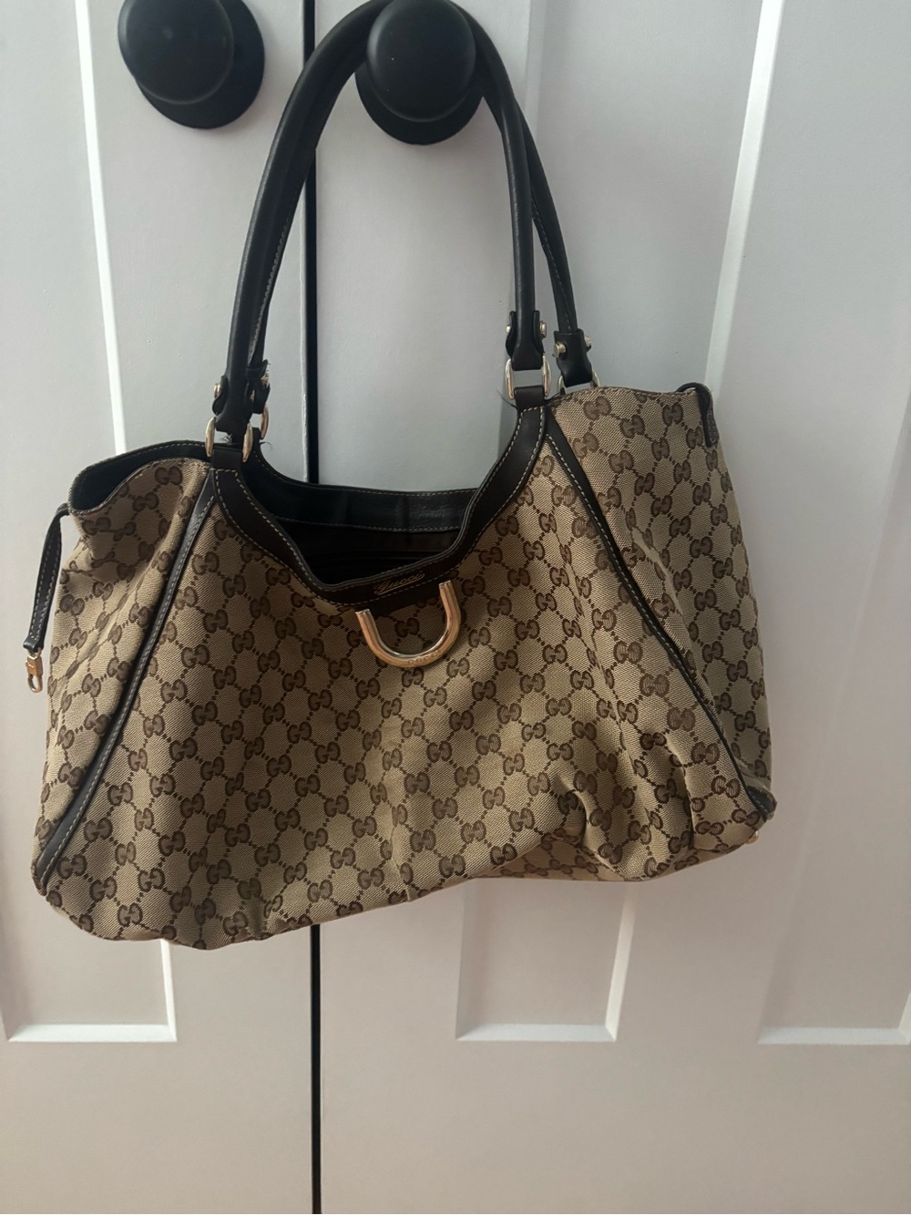 Gucci Beige Monogram Shoulder Bag with Dark Brown Trim